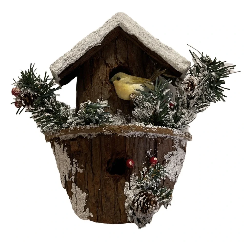 Vintage Handmade Rustic Winter Bird Hanging House Snow Pine cones